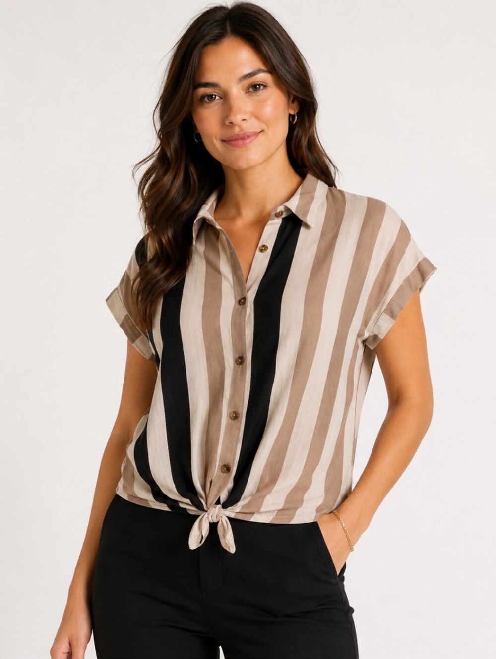 🎉Exclusive One Brown And Black Normcore Spring Twist Front Knot Blouse Sz Lg
